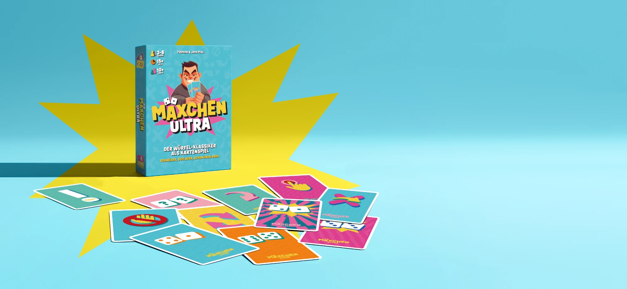 Mäxchen Ultra Schachtel mit Spielkarten vor gelbem Stern