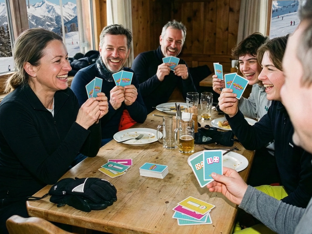 Familie und Freunde spielen Mäxchen Ultra lachend in einer Skihütte