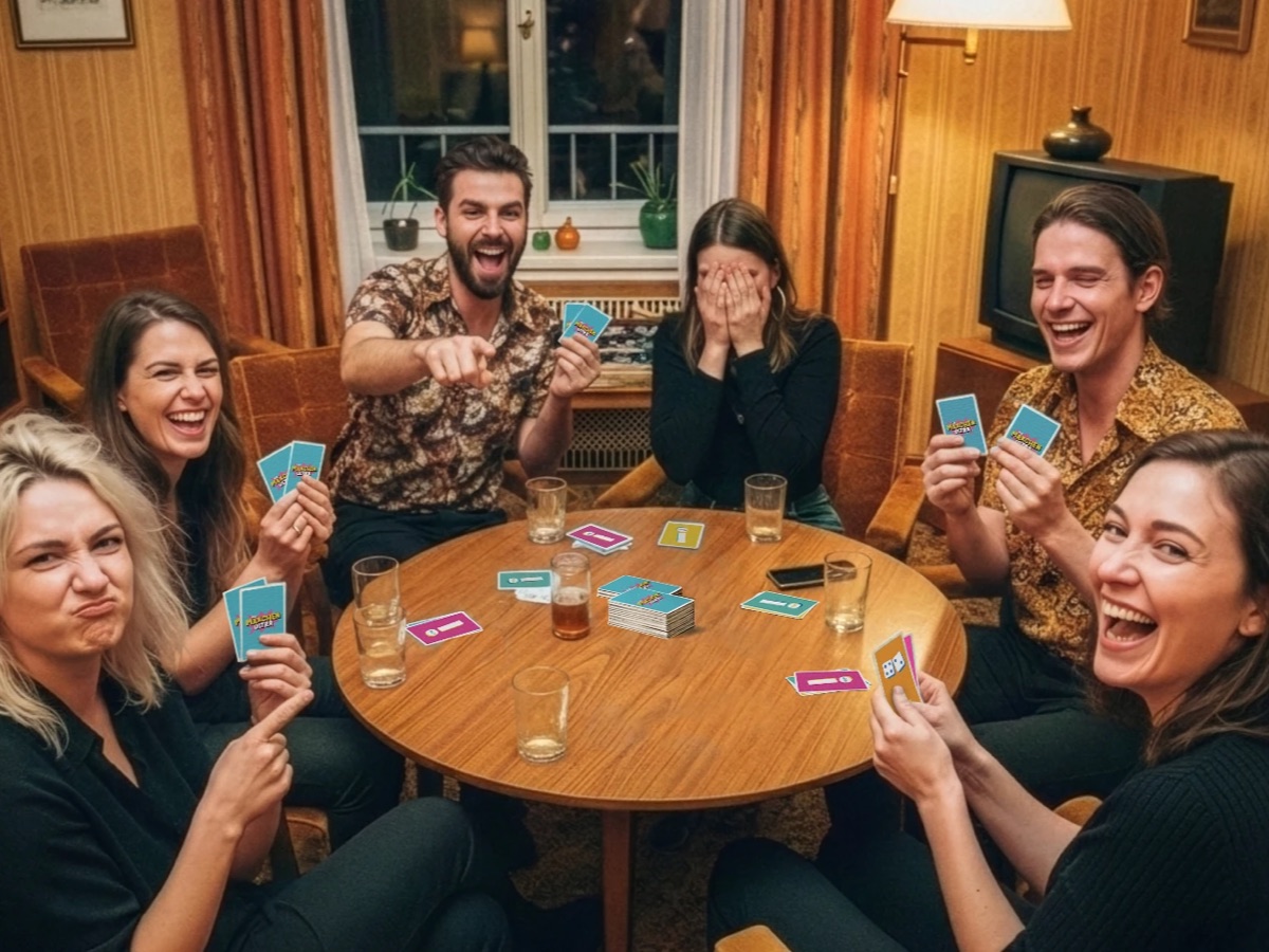 Freunde spielen Mäxchen Ultra an einem runden Tisch im Wohnzimmer