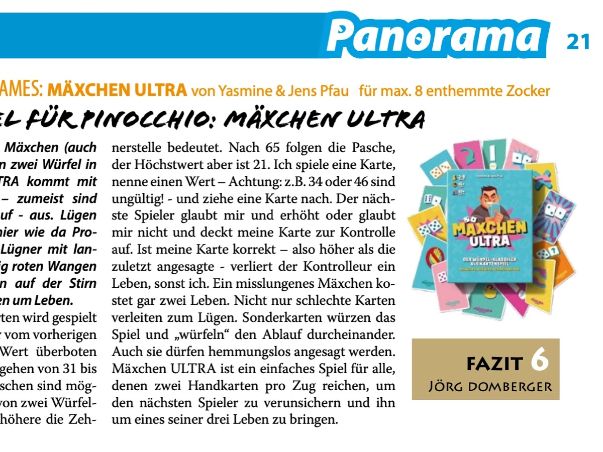 Rezension „Kein Spiel für Pinocchio: Mäxchen Ultra“ im Magazin frisch gespielt